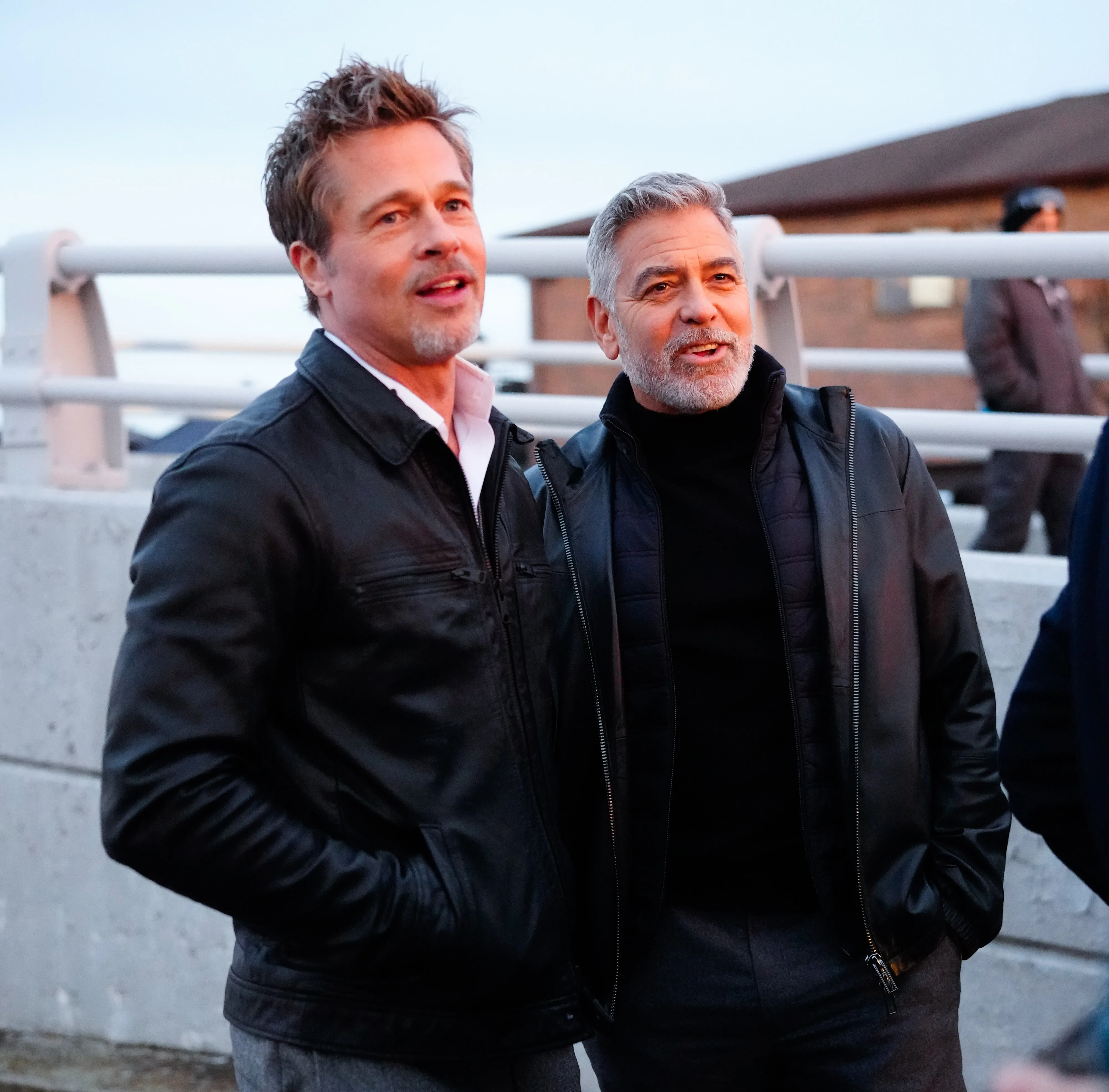 Brad Pitt and George Clooney on location for 'Wolves' on February 13, 2023 in New York City