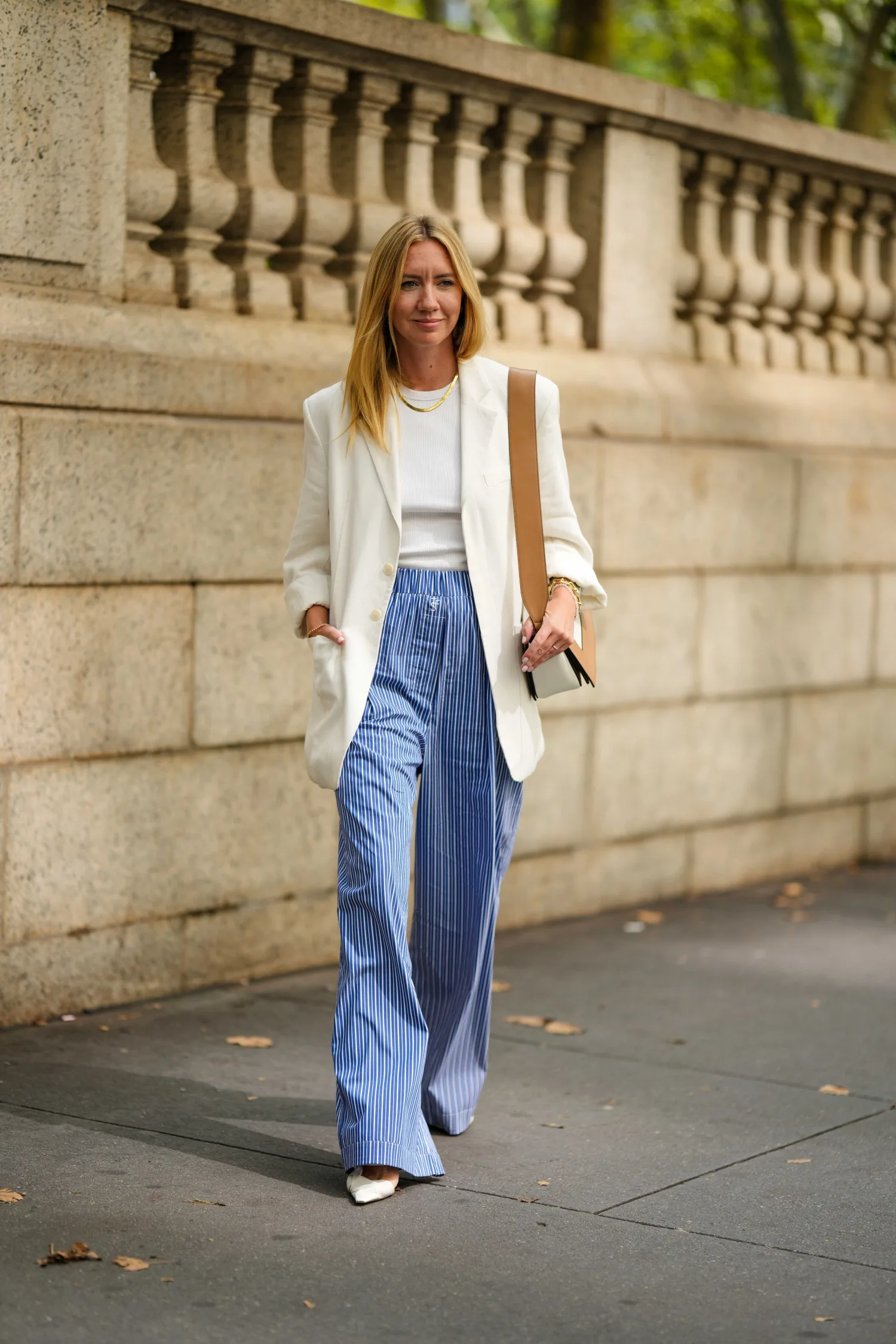 Lisa Aiken street style blue stripe pants