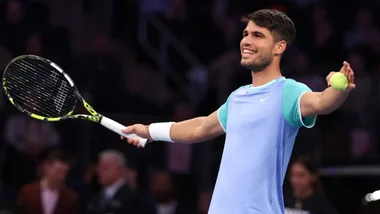 Carlos Alcaraz of Spain reacts to a point against Ben Shelton of the United States of America during their exhibition match during the Garden Cup at Madison Square Garden on December 04, 2024 in New York City.