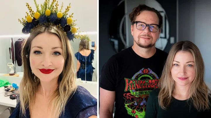 Kate Miller-Heidke, left, and with her husband Keir Nuttall, right.