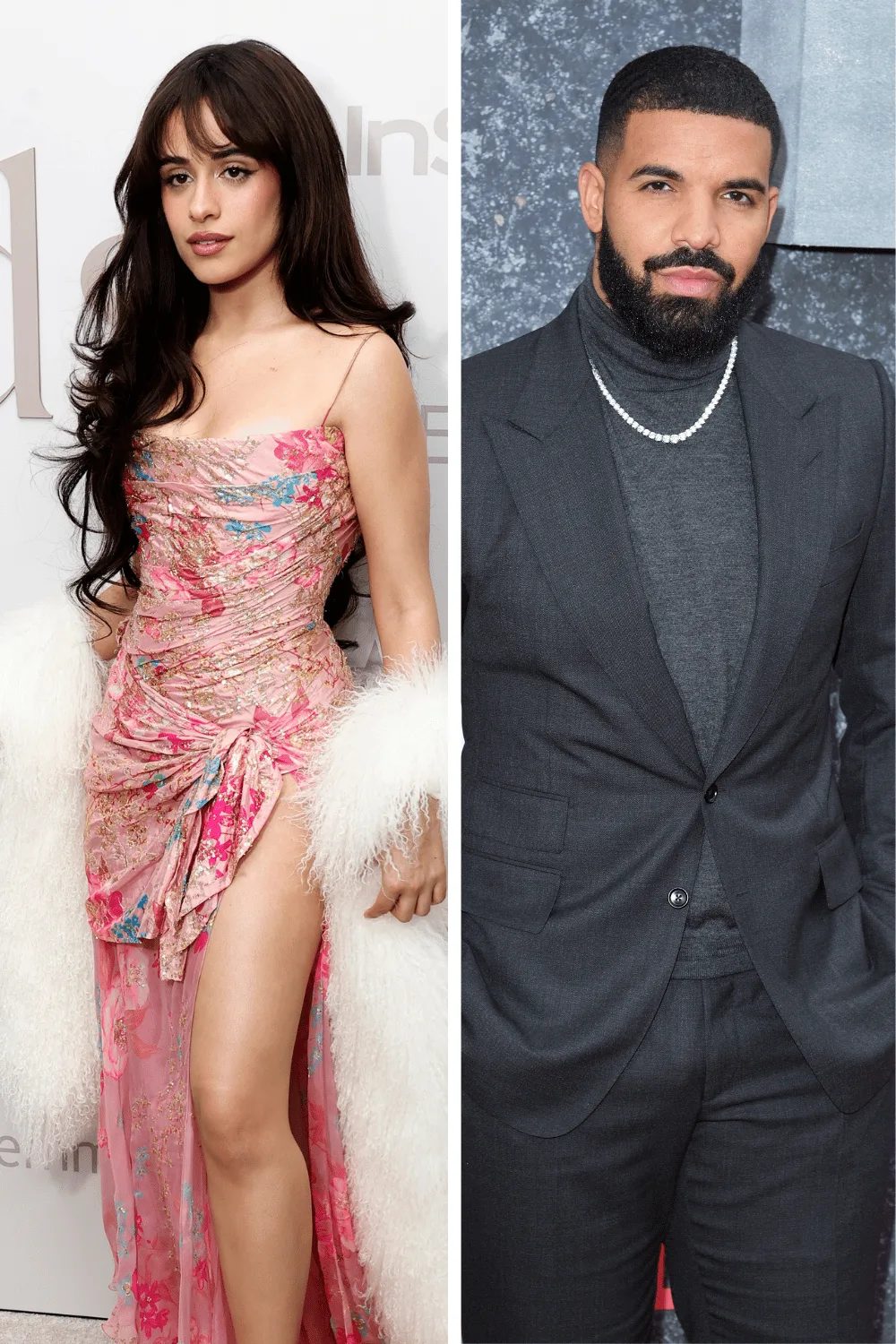 A side by side photo of Camila Cabello and Drake