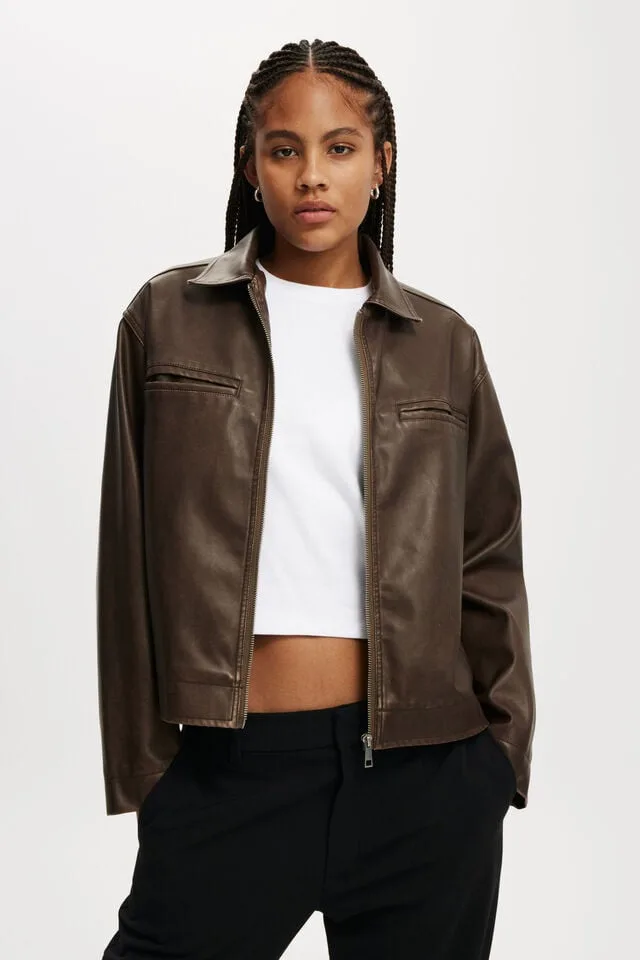 Cotton on faux leather brown jacket
