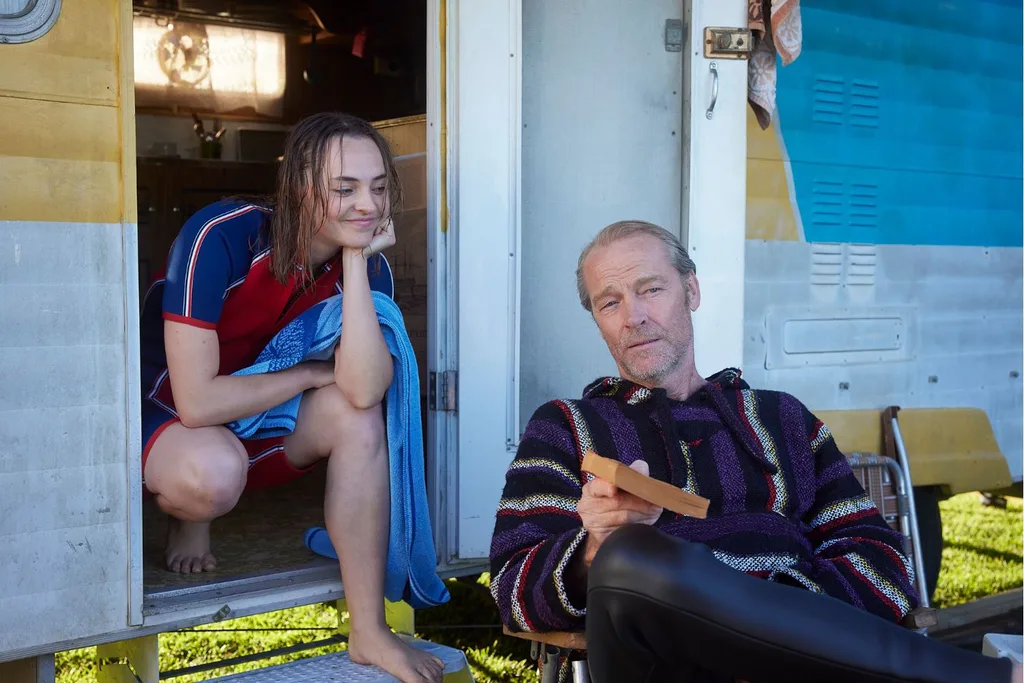 Emily Grant and Iain Glen appear in a still from the series Last Days of the Space Age