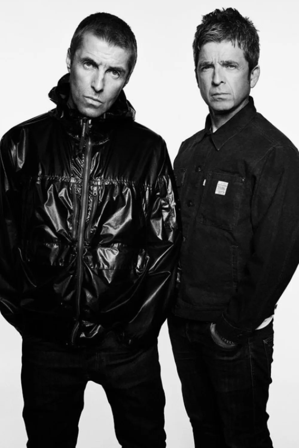 A black and white portrait of Liam and Noel Gallagher. 