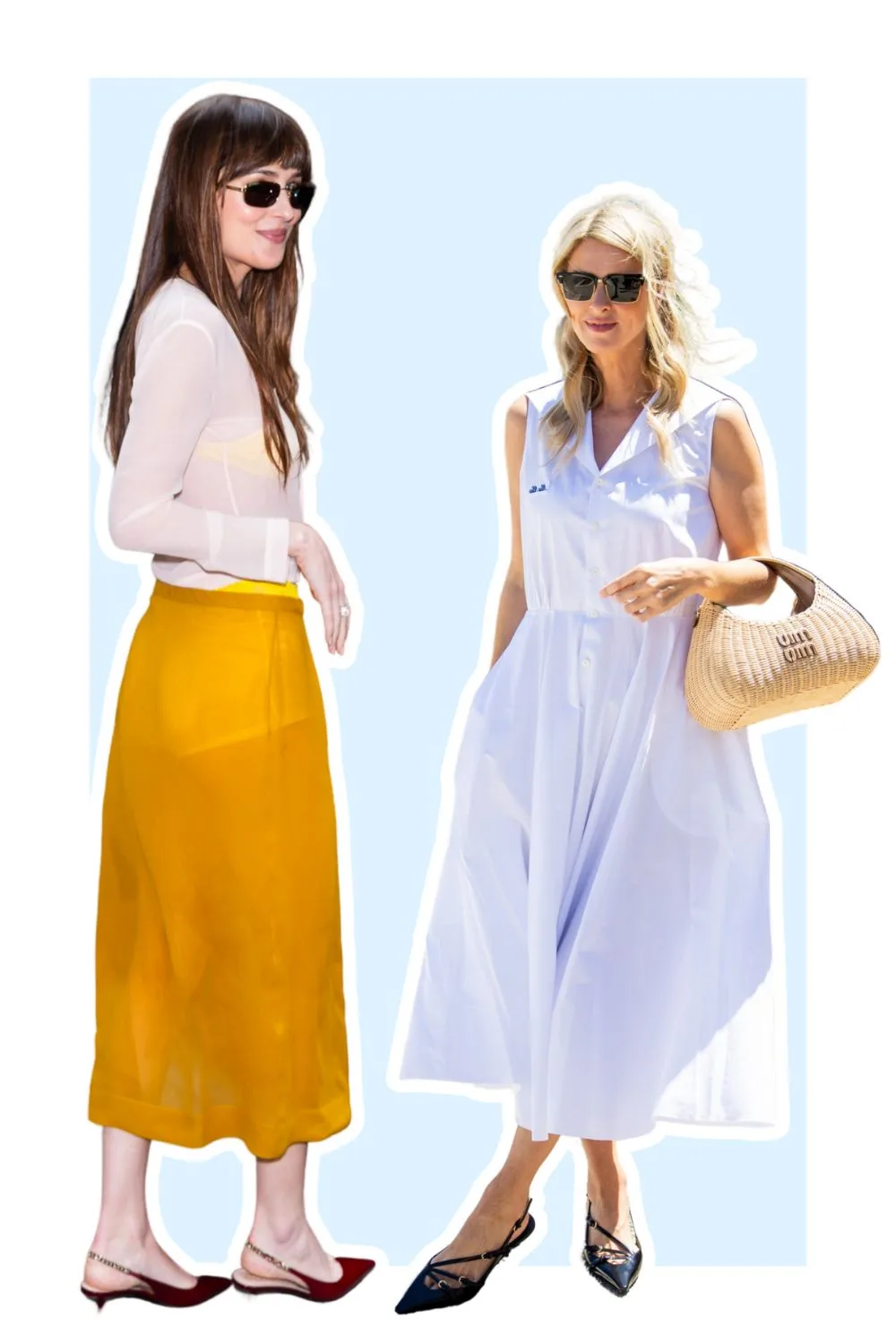 Dakota Johnson and Nikki Hilton wearing slingback kitten heels