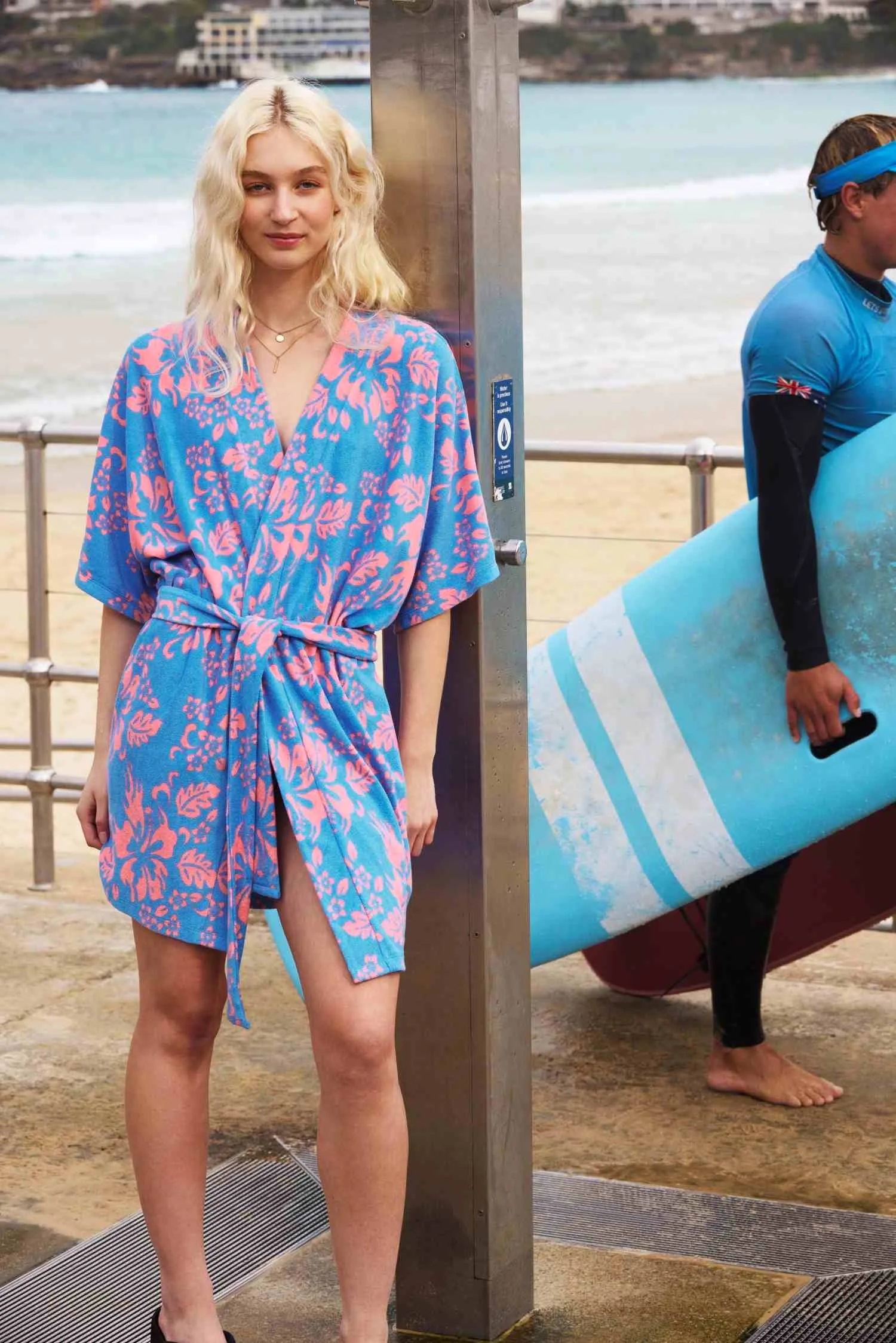 Allegra Overton wears a robe for a campaign shoot for Bonds