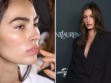 Hailey Bieber and a model wearing Merit makeup