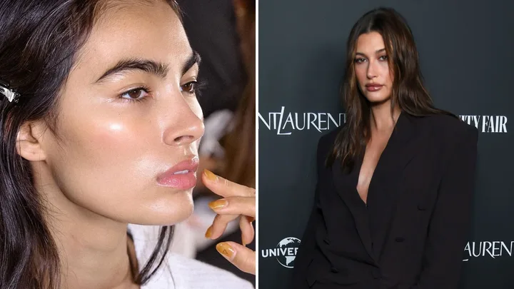 Hailey Bieber and a model wearing Merit makeup