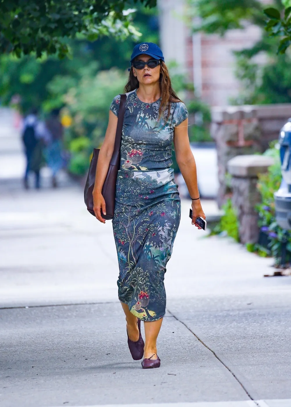 Katie Holmes in New york wearing Faithfull The brand top and skirt