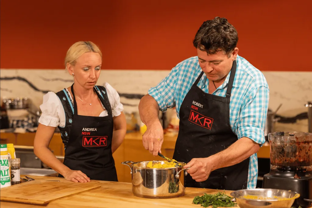 My Kitchen Rules' Robert and Andrew cooking.