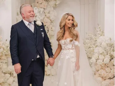 Kyle Sandilands and Tegan Kynaston on their wedding day and with their son, Otto