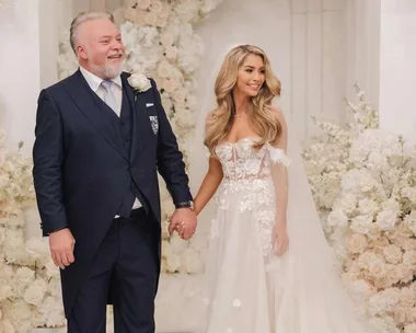 Kyle Sandilands and Tegan Kynaston on their wedding day and with their son, Otto