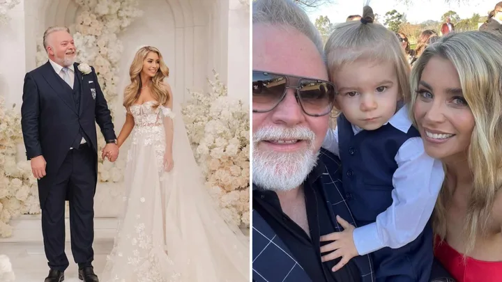 Kyle Sandilands and Tegan Kynaston on their wedding day and with their son, Otto