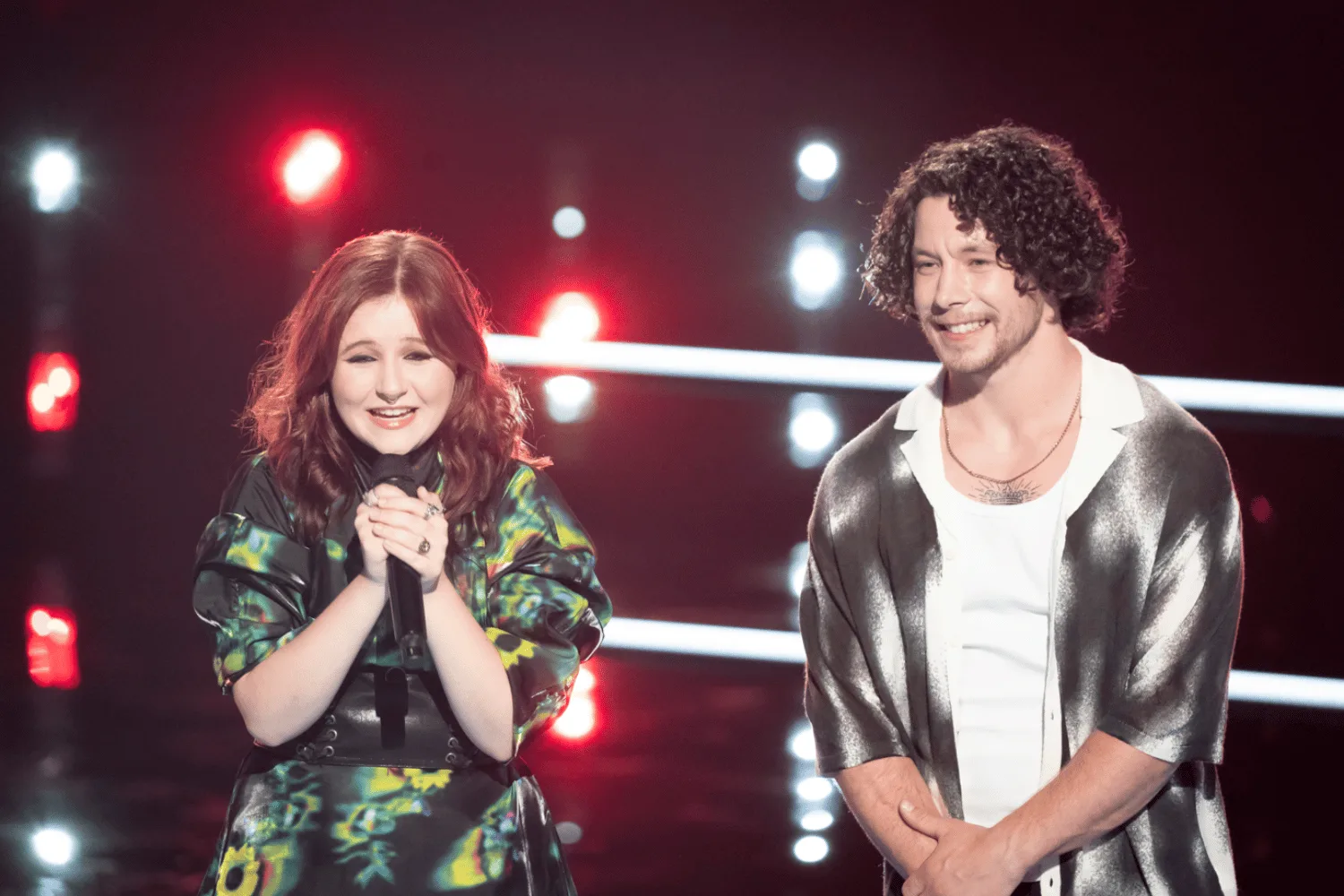Annie Jones and Aaron Hayward on The Voice Australia stage.