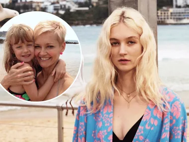 Allegra Overton modelling on Bondi Beach and pictured as a young girl with her mum Jessica Rowe