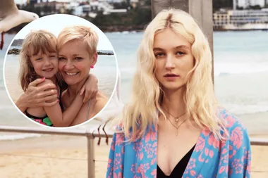 Allegra Overton modelling on Bondi Beach and pictured as a young girl with her mum Jessica Rowe