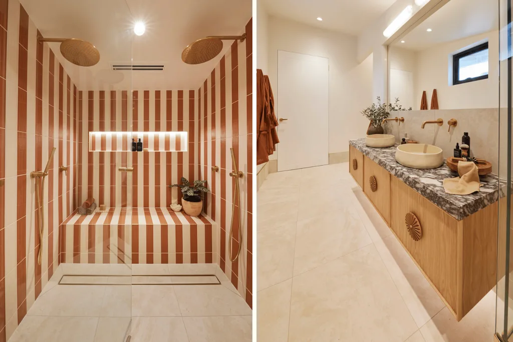 The Block Guest Ensuite Courney and Grant - a striped orange and white shower with gold bathroom hardware and a wood vanity.