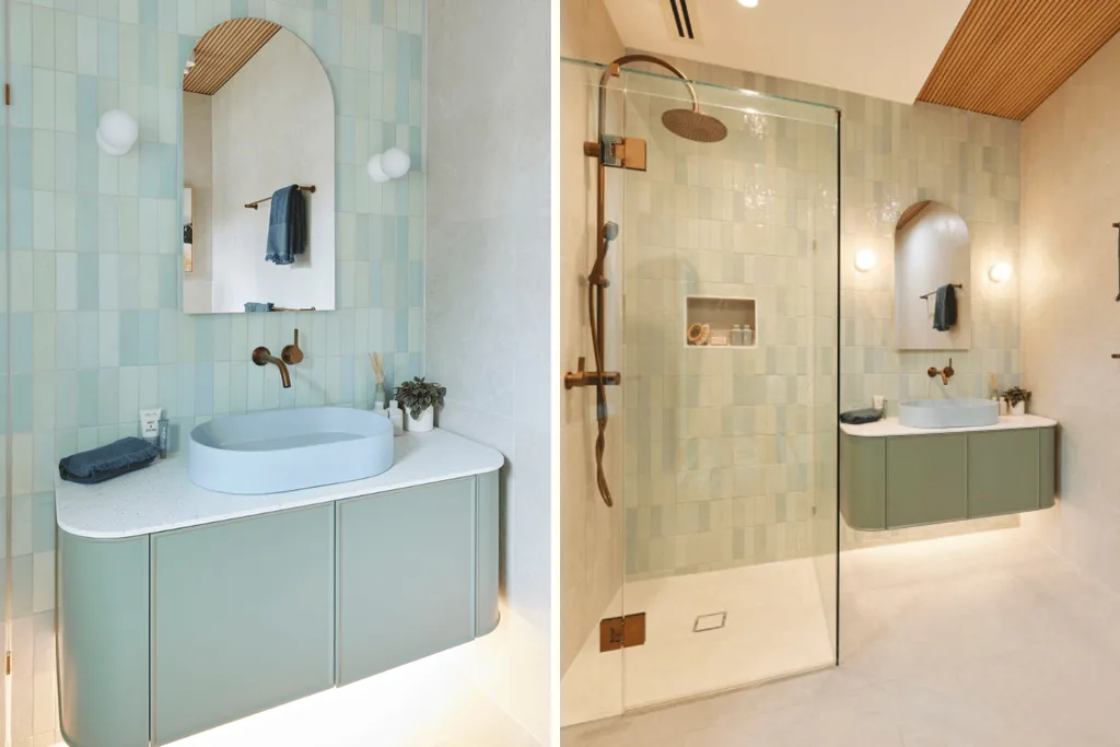 The Block Guest Ensuite Kylie and Brad - a seafoam green vanity with gold bathroom hardware.