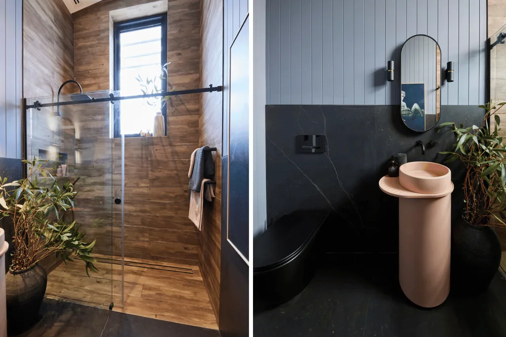 The Block Kylie and Brad Guest Ensuite - A black and dark wood bathroom suite.