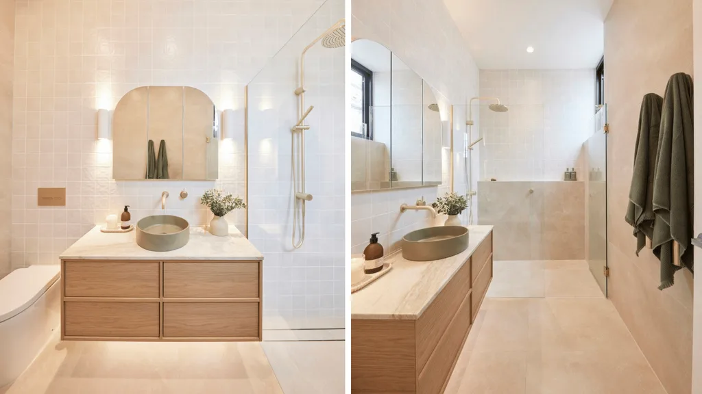 The Block Guest Ensuite Maddy and Charlotte - A light beige bathroom with gold taps.