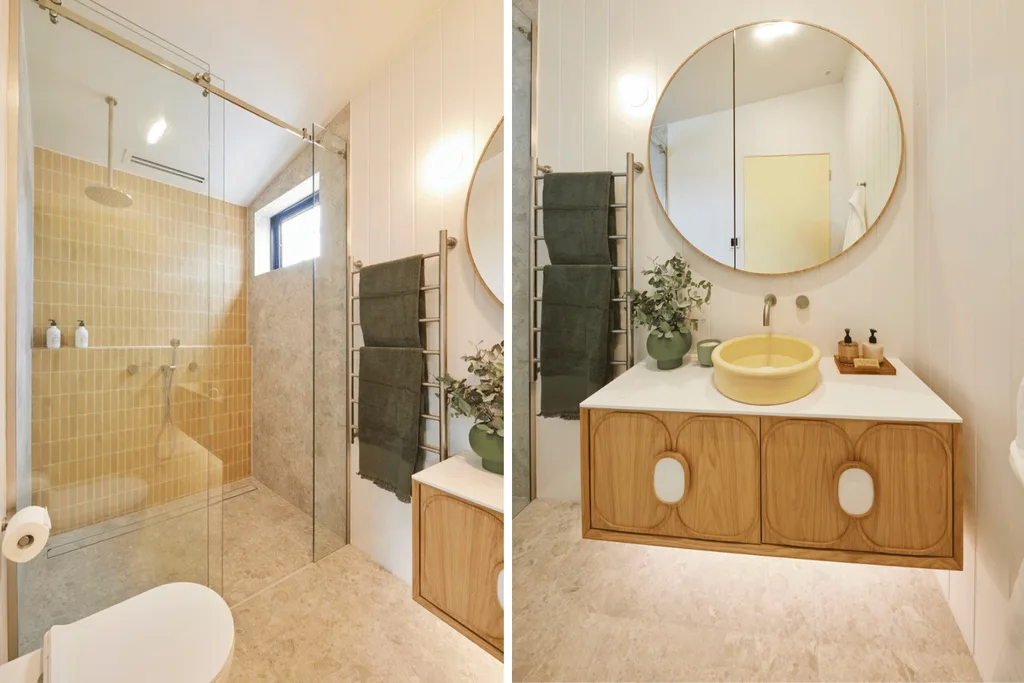The Block Guest Ensuite Ricky Haydn - a bathroom with yellow shower tiles and green accents