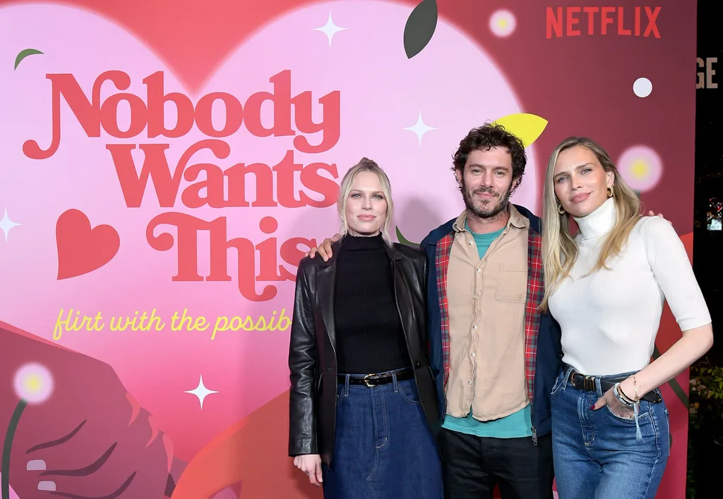 PACIFIC PALISADES, CALIFORNIA - SEPTEMBER 19: (L-R) Erin Foster, Adam Brody, and Sara Foster attend Netflix's Nobody Wants This - Favorite Daughter Fan Screening at Bay Theatre on September 19, 2024 in Pacific Palisades, California.
