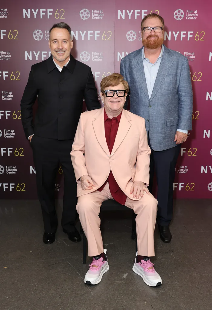 David Furnish, Elton John and R. J. Cutler attend the "Elton John: Never Too Late" screening during the 62nd New York Film Festival at Alice Tully Hall, Lincoln Center on October 01, 2024 in New York City.