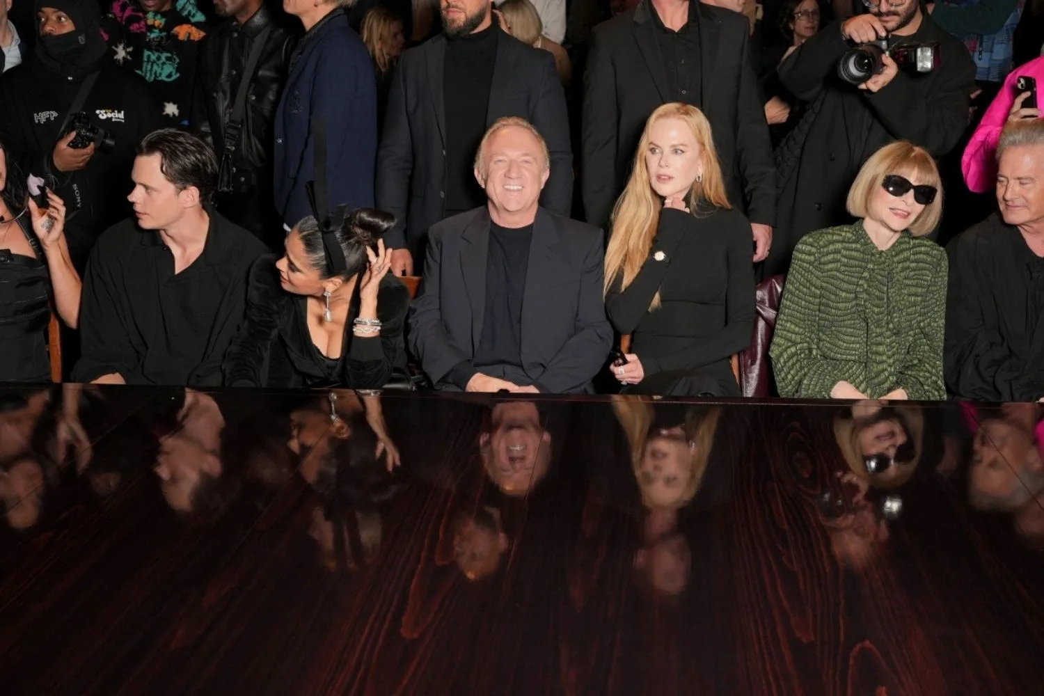 Salma Hayek, Fran&ccedil;ois-Henri Pinault.,and Nicole Kidman in the front row at Balenciaga show at Paris Fashion Week
