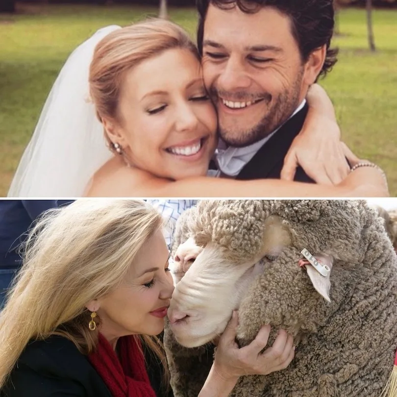 Rowntree and Pettit on their wedding day and below Rowntree cuddling a sheep