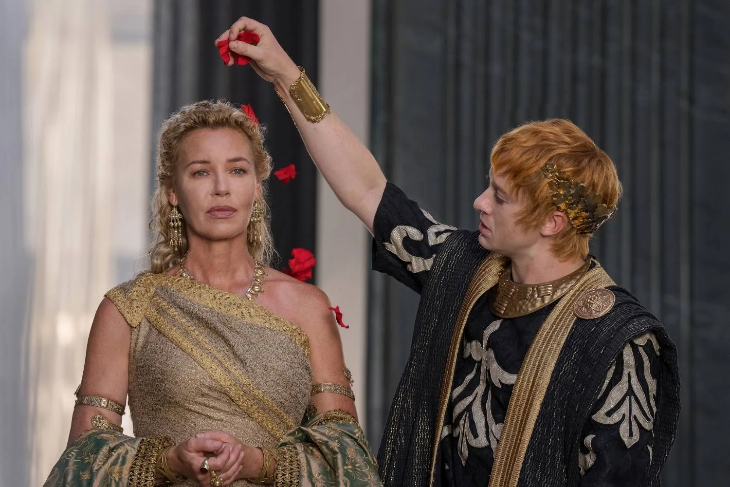 Connie Nielsen and Joseph Quinn in a scene from Gladiator II.