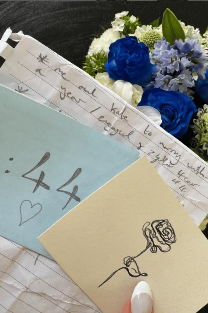 A handwritten note that reads "Me and Kate to marry within a year/engaged"