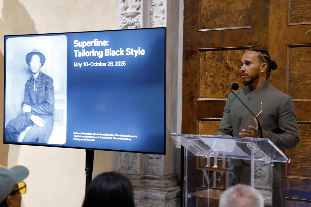 Lewis Hamilton speaking at the 2025 Met Gala announcement.