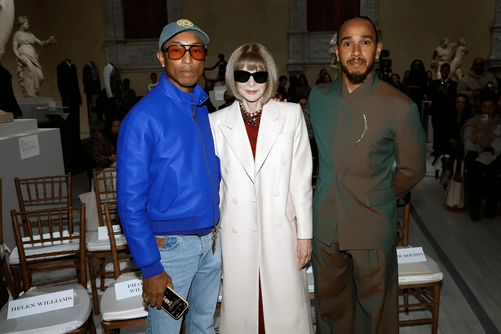 Pharrell Williams, Anna Wintour, and Lewis Hamilton at the 2025 Met Gala announcement.