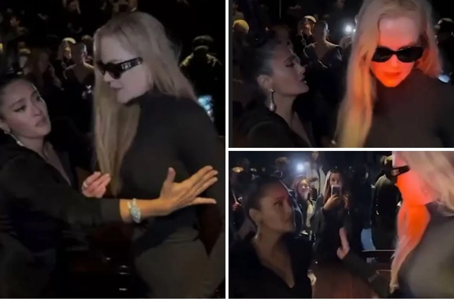 Clips from a video show Salma Hayek and Nicole Kidman in a terse exchange at Paris Fashion Week