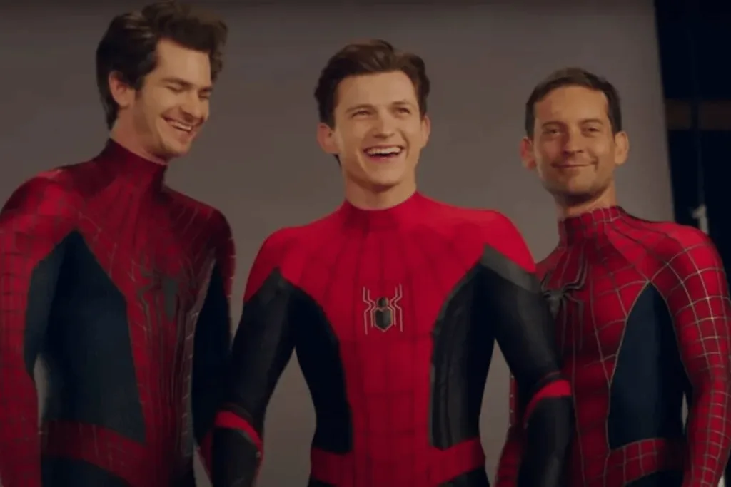 Andrew Garfield, Tom Holland, and Tobey Maguire as Spider-Man.