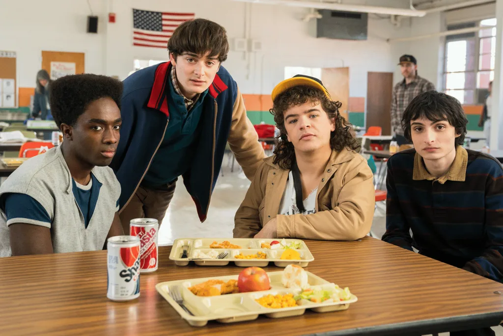 Caleb McLaughlin, Noah Schnapp, Gaten Matarazzo, and Finn Wolfhard on the set of Stranger Things 5.