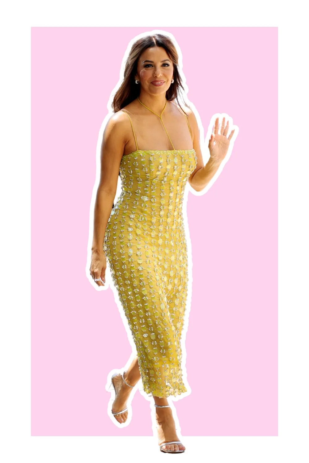 Eva Longoria wearing yellow dress and heels