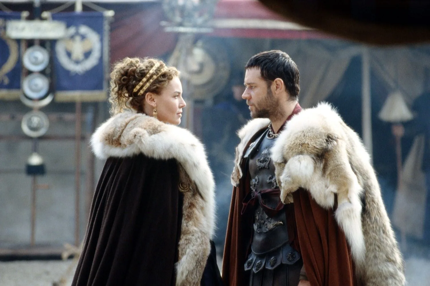 Connie Nielsen and Russell Crowe in character in a still from Gladiator I