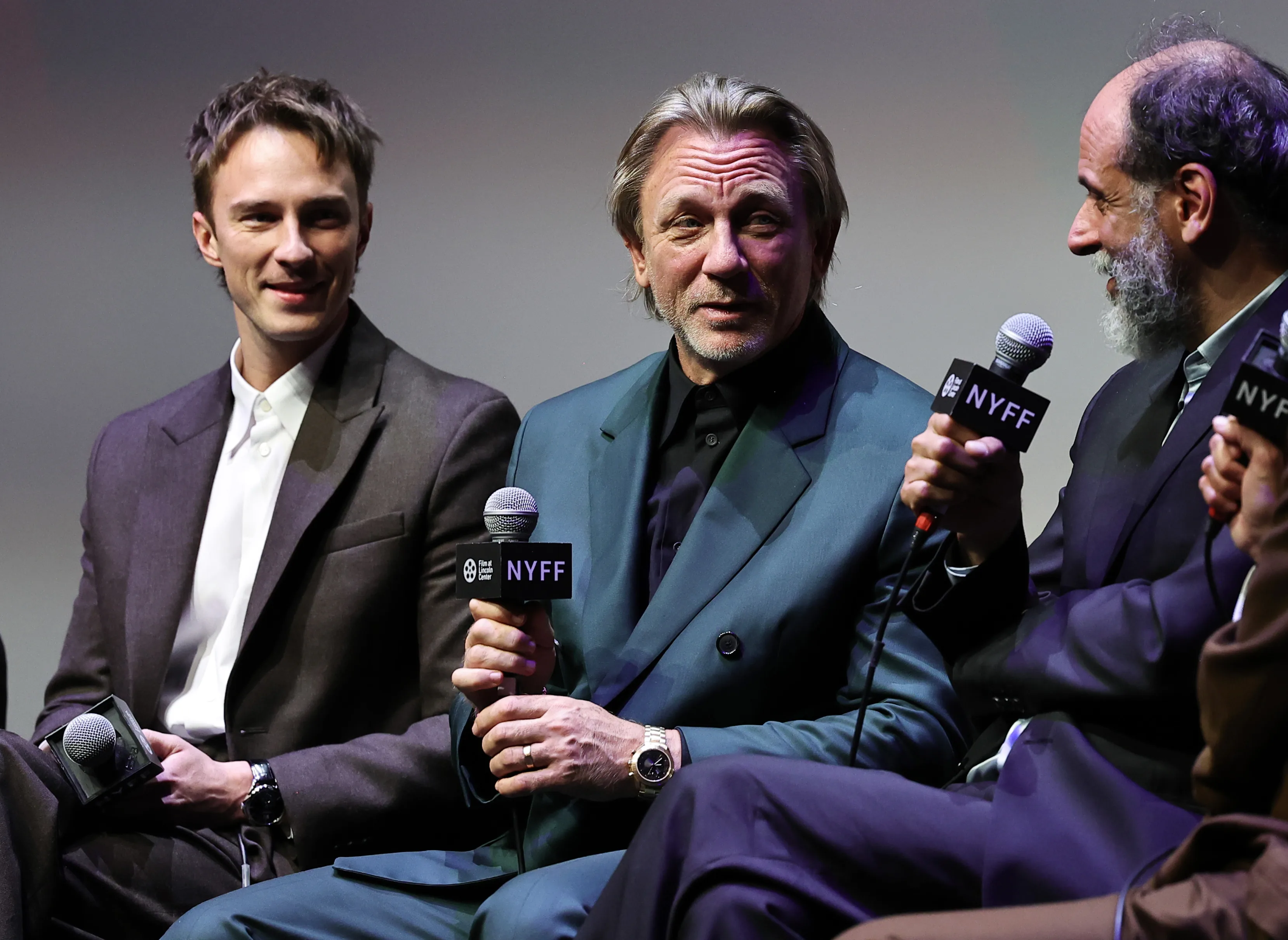 NEW YORK, NEW YORK - OCTOBER 06: (L-R) Drew Starkey, Daniel Craig and Luca Guadagnino speak onstage at the screening of "Queer" during the 62nd New York Film Festival at Film at Lincoln Center on October 06, 2024 in New York City. 