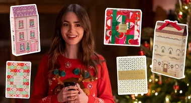 Emily in Paris surrounded by Christmas candle advent calendars