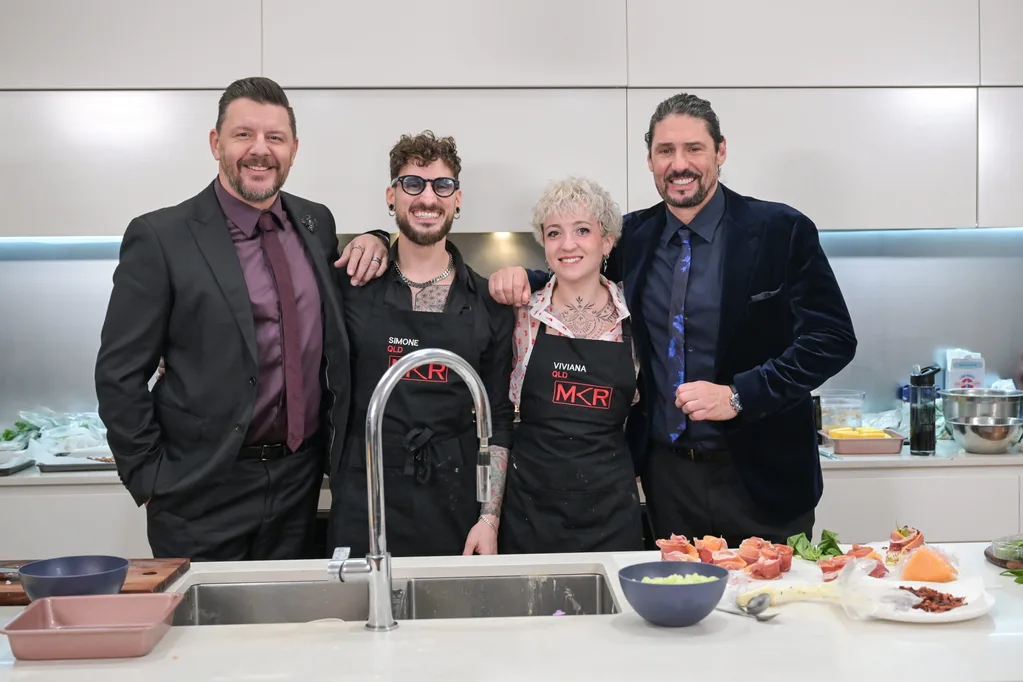 My Kitchen Rules Manu and Colin with contestants Simone and Viviana.