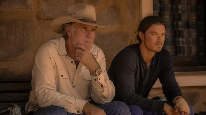 Desert king. (L to R) Robert Taylor as Colin Lawson, Sam Corlett as Marshall Lawson in Desert king.