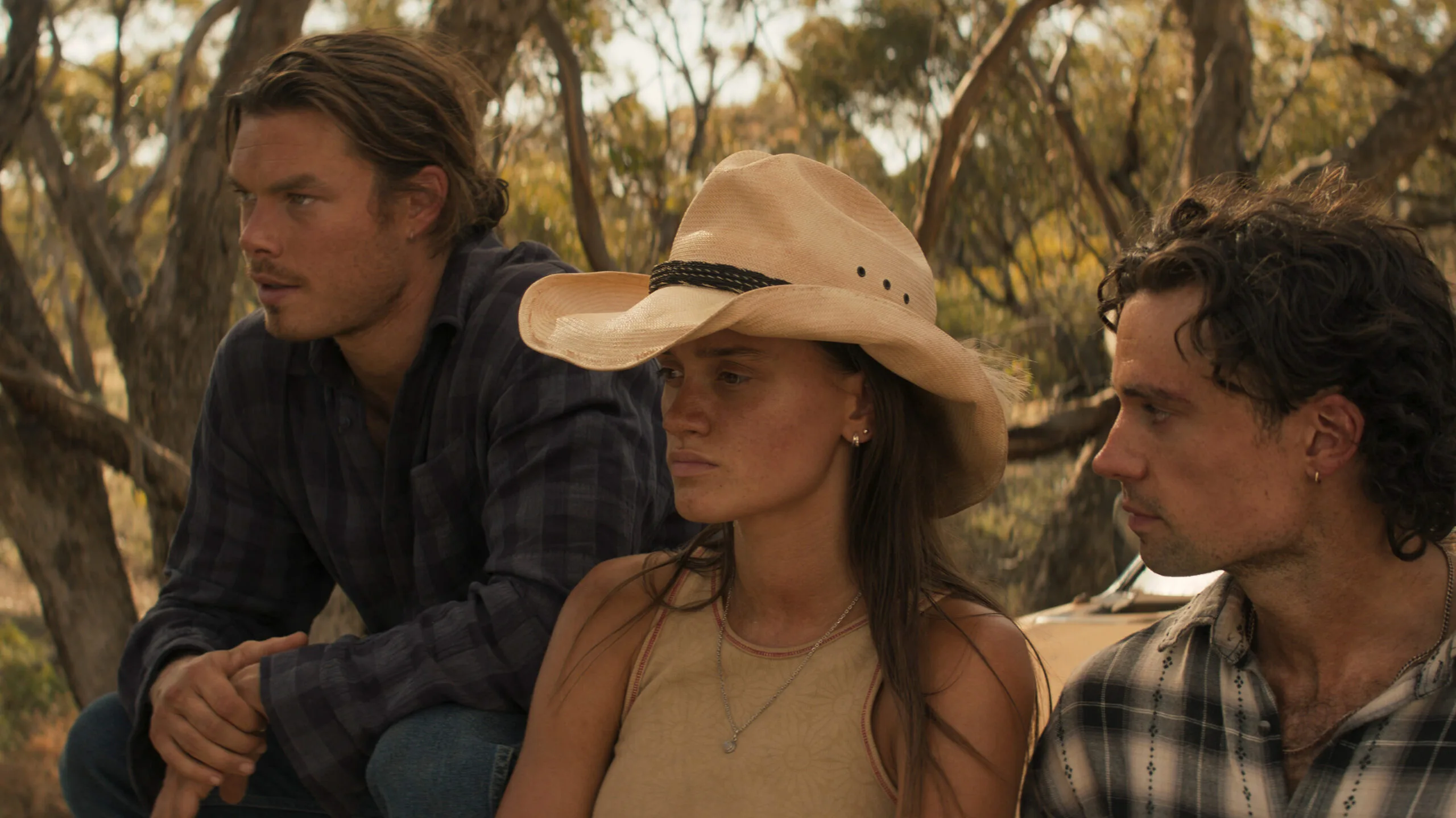 Territory. (L to R) Sam Delich as Rich Petrakis, Kylah Day as Sharnie Kennedy, Sam Corlett as Marshall Lawson in Territory. 