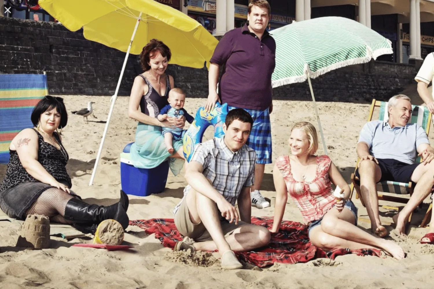 The cast of Gavin and Stacey at the beach.