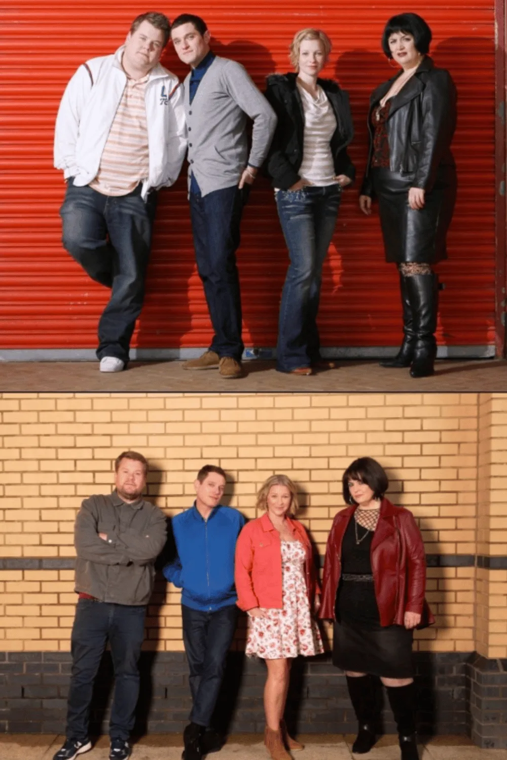 A side-by-side photo of the cast of Gavin and Stacey in 2007 and 2024.