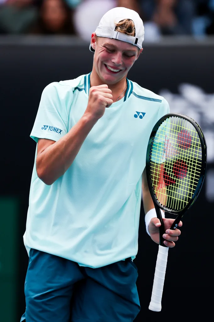 Cruz Hewitt of Australia reacts after a point whilst competing against Alexander Razeghi of the United States in their first round singles match during the 2024 Australian Open Junior Championships at Melbourne Park.