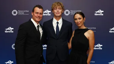 Lleyton Hewitt, Cruz Hewitt and Bec Hewitt arrive prior to the 2024 Newcombe Medal at Crown Palladium on December 09, 2024 in Melbourne, Australia.