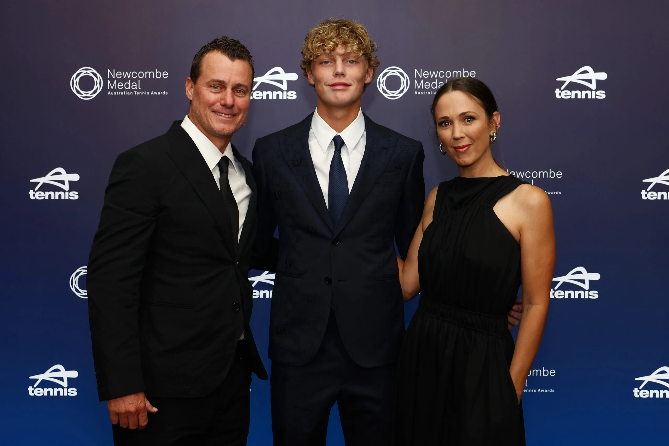 Lleyton Hewitt, Cruz Hewitt and Bec Hewitt arrive prior to the 2024 Newcombe Medal at Crown Palladium on December 09, 2024 in Melbourne, Australia. 