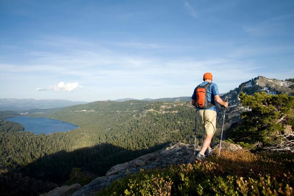 Young man hiking near Donner Pass, CA.