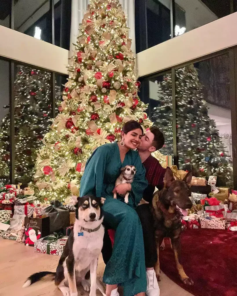 Nick Jonas and Priyanka in front of a Christmas Tree